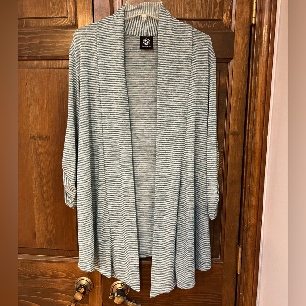 Mint and white color striped longer length cardigan covers Back size large